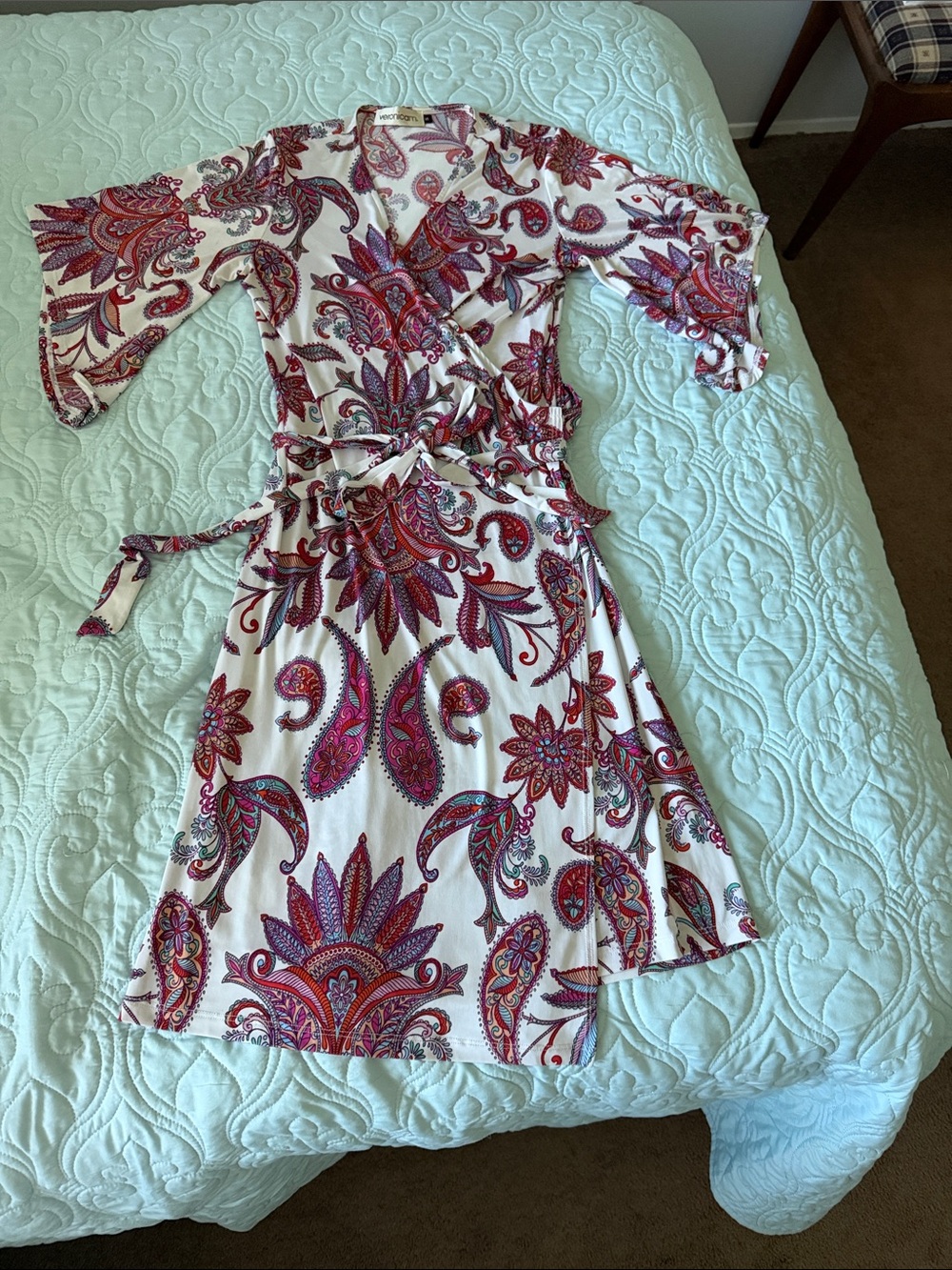 Veronica M White Wrap Midi Dress with Pink & Red Paisley